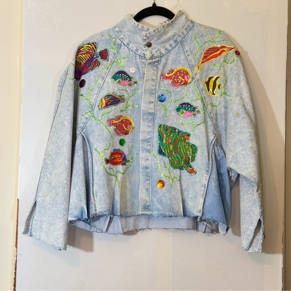 Vtg Torpedo International Aquatic Fish Design Denim Jacket - Picture 6 of 16